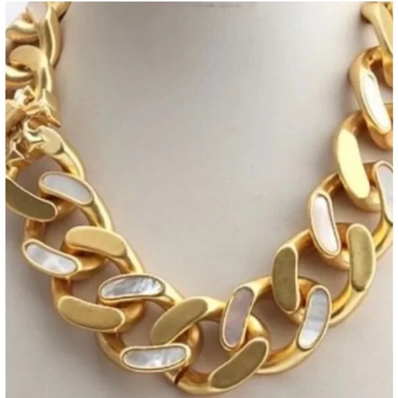 NWOT Tory Burch Authentic Roxanne Inlay Chunky Bold Statement Gold Necklace
